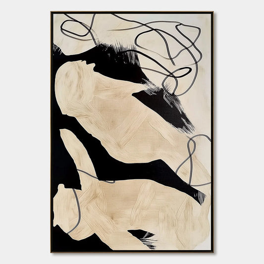 INTERTWINED: Large Vertical Minimalist Black and Beige Abstract Painting | hanging in living room, Minimalist wall art