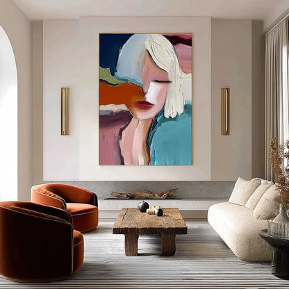 INWARD: Abstract Figurative Portrait Painting with Thick Texture | gold frame stretched on neutral wall