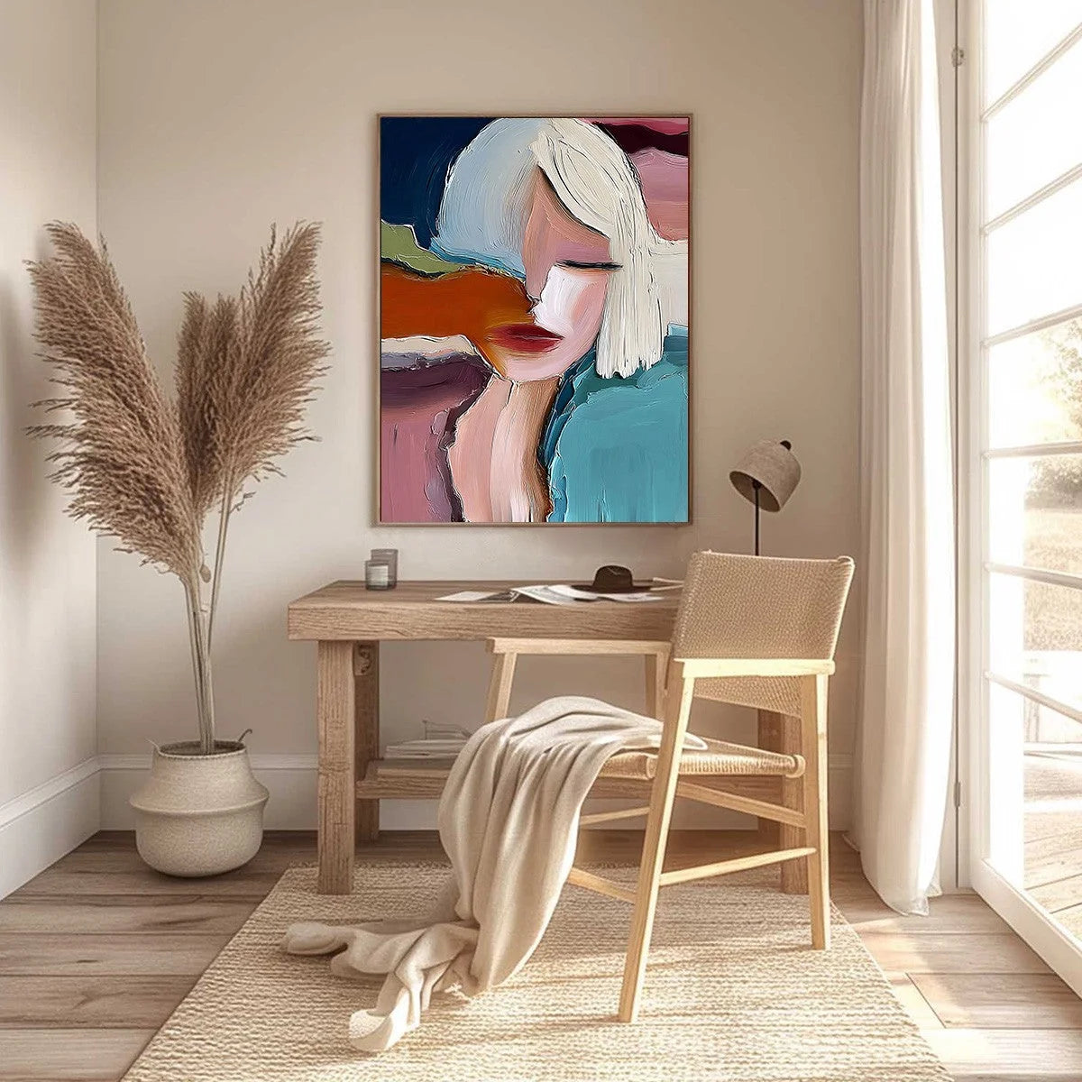 INWARD: Abstract Figurative Portrait Painting with Thick Texture | black frame version on white wall