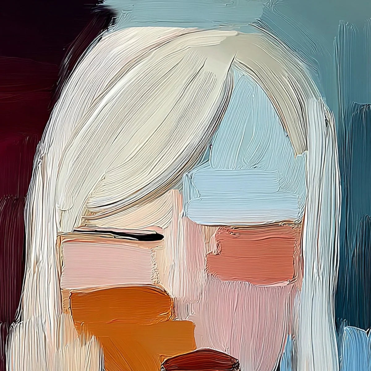 INWARD GAZE: Expressive Abstract Portrait Oil Painting with Textured Brushstrokes | rectangular format, hand-painted canvas edge