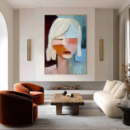 INWARD GAZE: Expressive Abstract Portrait Oil Painting with Textured Brushstrokes | gold frame stretched on neutral wall