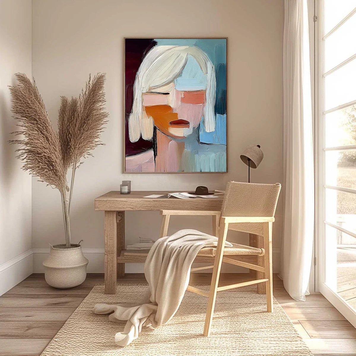 INWARD GAZE: Expressive Abstract Portrait Oil Painting with Textured Brushstrokes | black frame version on white wall
