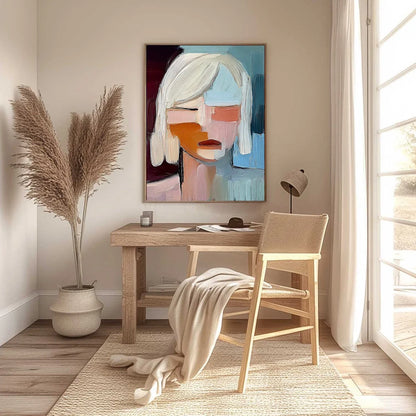 INWARD GAZE: Expressive Abstract Portrait Oil Painting with Textured Brushstrokes | black frame version on white wall