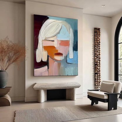 INWARD GAZE: Expressive Abstract Portrait Oil Painting with Textured Brushstrokes | multi-color palette, original oil on stretched canvas art