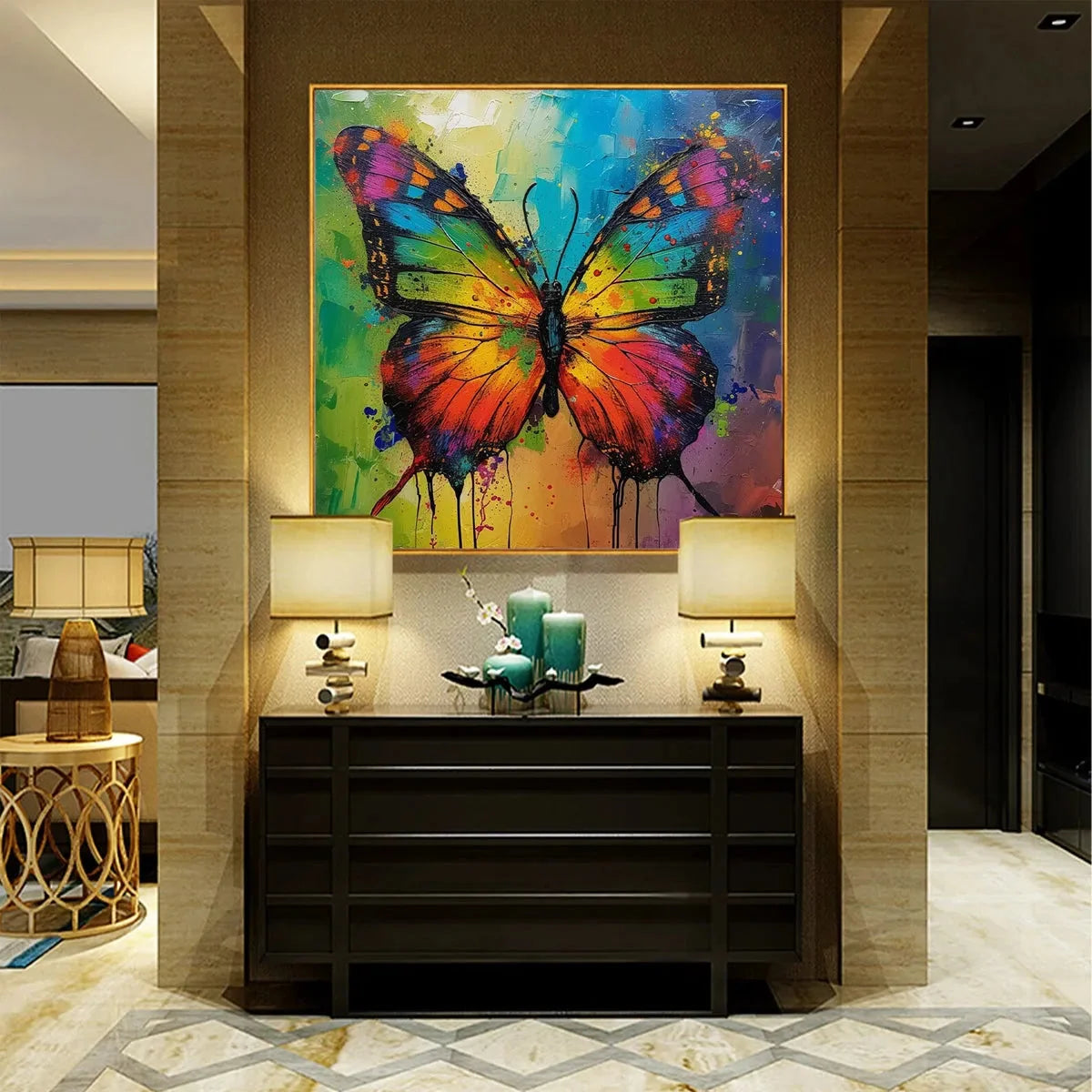 IRIDESCENT WINGS: Square Colorful Butterfly Oil Painting on Canvas | Figurative closeup, raised brushwork detail
