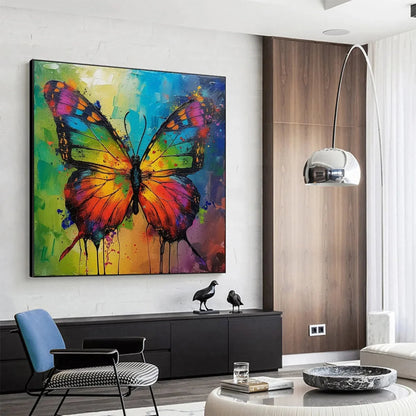 IRIDESCENT WINGS: Square Colorful Butterfly Oil Painting on Canvas | rectangular format, hand-painted canvas edge