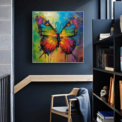 IRIDESCENT WINGS: Square Colorful Butterfly Oil Painting on Canvas | gold frame stretched on neutral wall