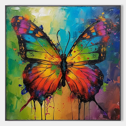 IRIDESCENT WINGS: Square Colorful Butterfly Oil Painting on Canvas | hanging in living room, Figurative wall art