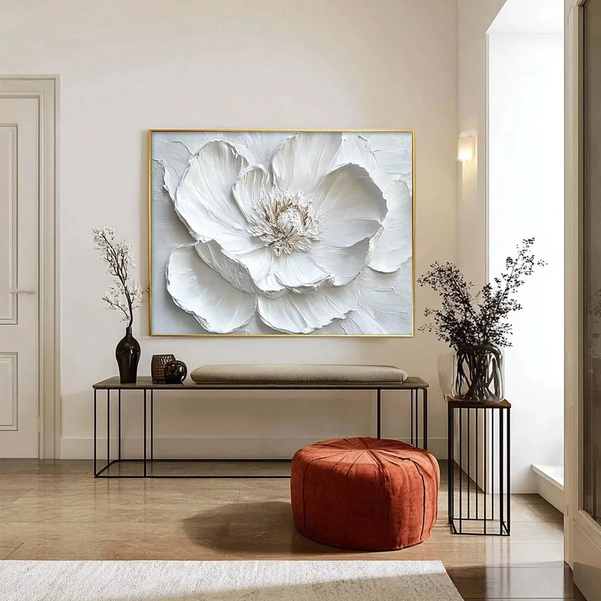 IVORY BLOOM: Minimalist Textured Floral Oil Painting | rectangular format, hand-painted canvas edge