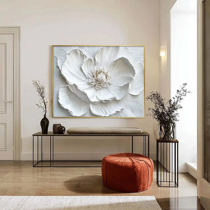 IVORY BLOOM: Minimalist Textured Floral Oil Painting | rectangular format, hand-painted canvas edge