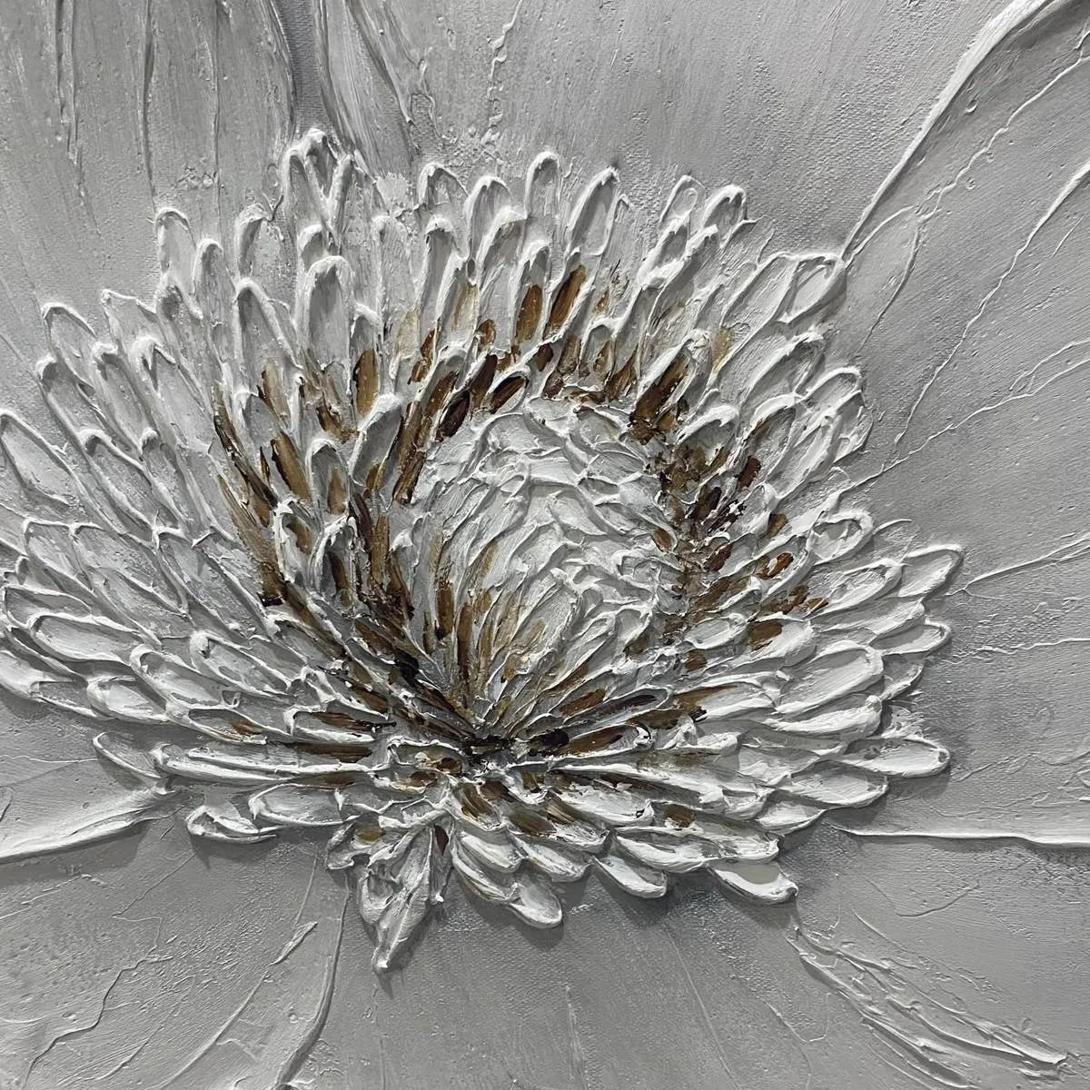 IVORY BLOOM: Minimalist Textured Floral Oil Painting | gold frame stretched on neutral wall