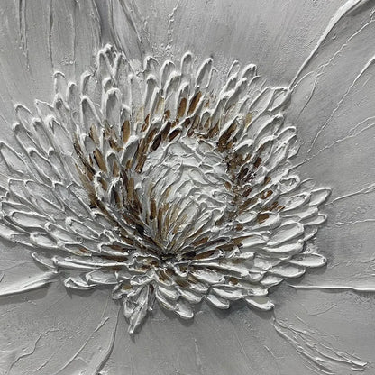 IVORY BLOOM: Minimalist Textured Floral Oil Painting | gold frame stretched on neutral wall