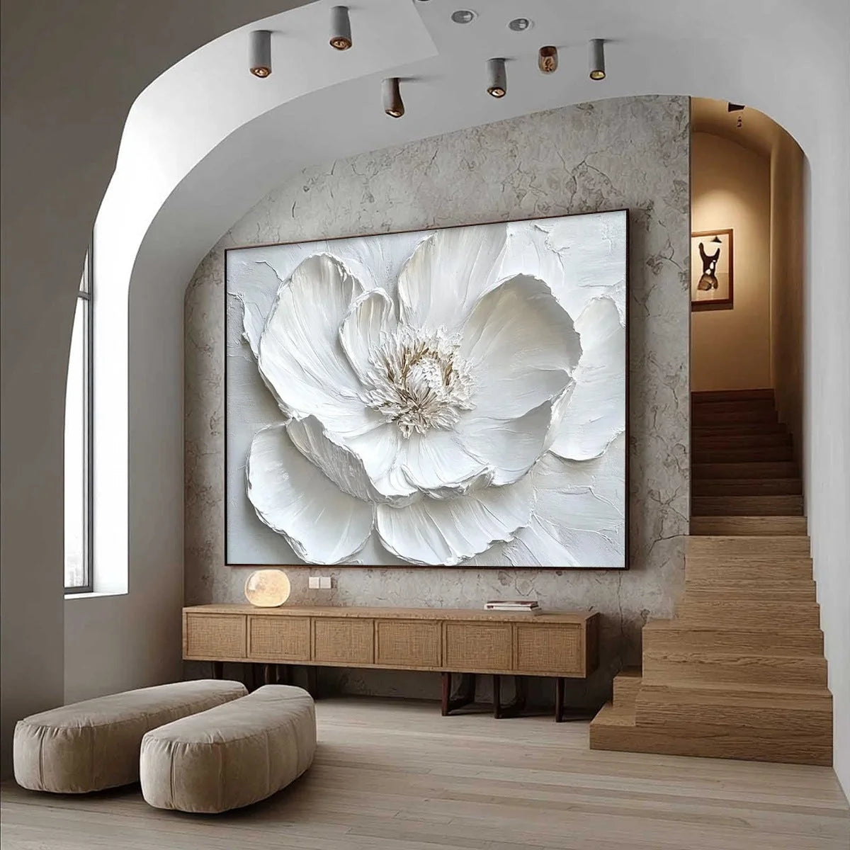 IVORY BLOOM: Minimalist Textured Floral Oil Painting | Minimalist mood, soft natural light studio shot