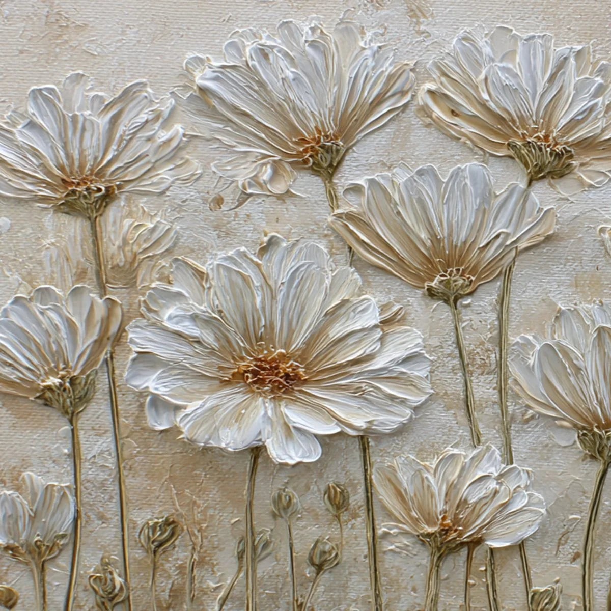 IVORY BLOOM: Textured Wabi Sabi Floral Impasto Painting | rectangular format, hand-painted canvas edge