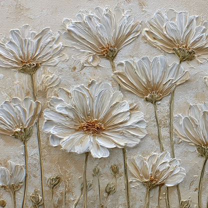 IVORY BLOOM: Textured Wabi Sabi Floral Impasto Painting | rectangular format, hand-painted canvas edge