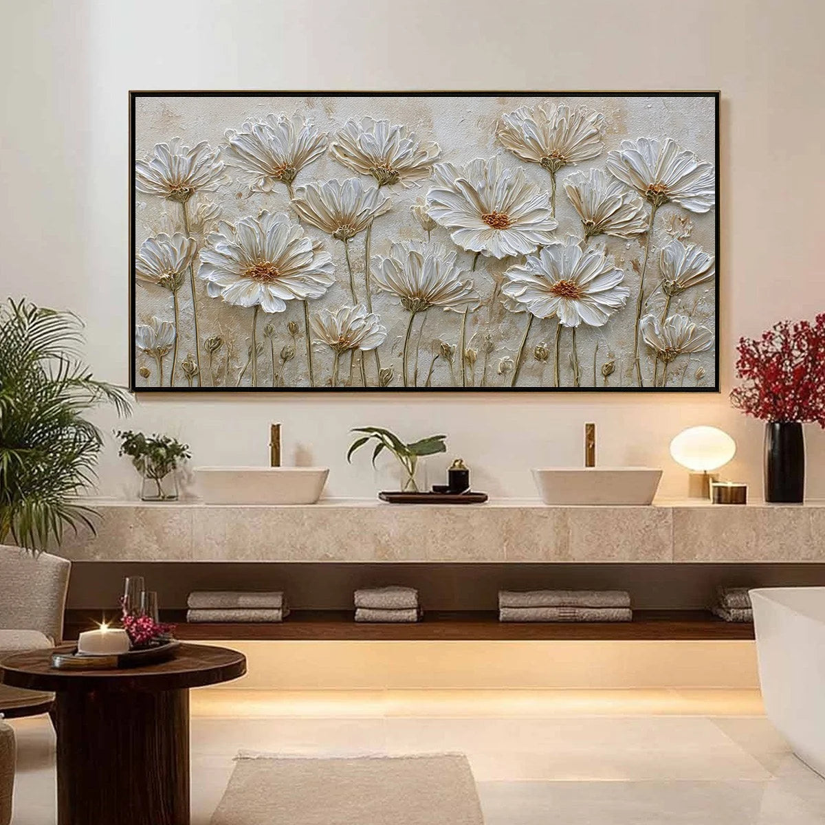 IVORY BLOOM: Textured Wabi Sabi Floral Impasto Painting | gold frame stretched on neutral wall