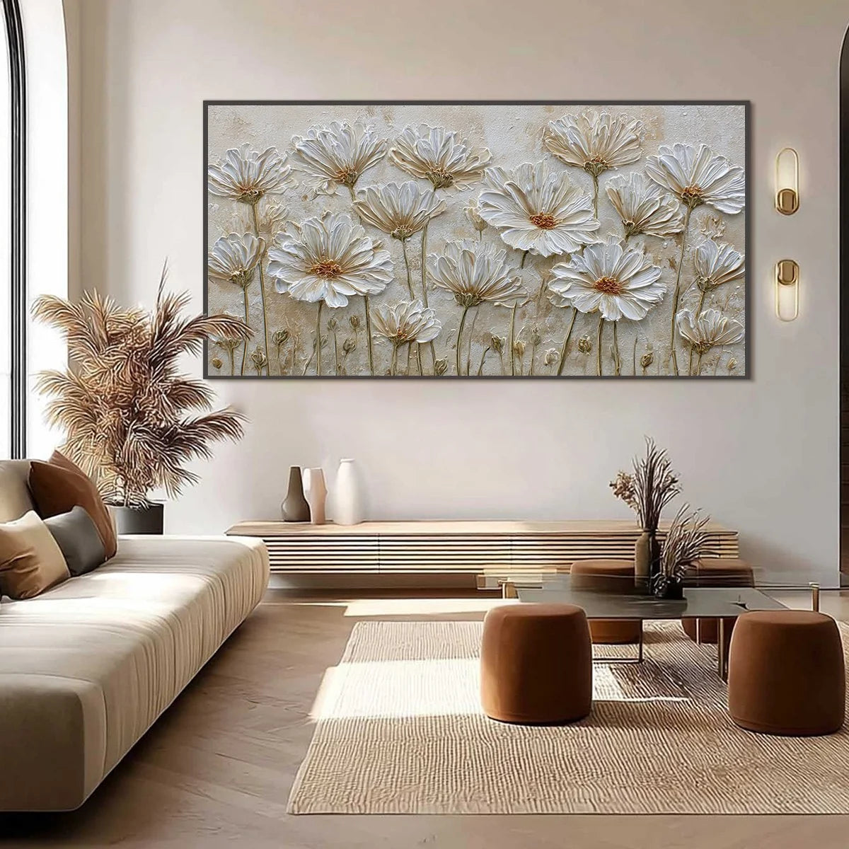 IVORY BLOOM: Textured Wabi Sabi Floral Impasto Painting | black frame version on white wall