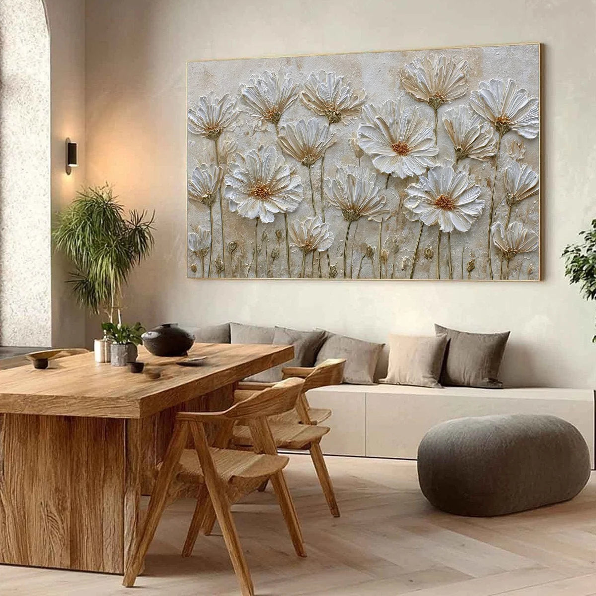 IVORY BLOOM: Textured Wabi Sabi Floral Impasto Painting | Abstract mood, soft natural light studio shot
