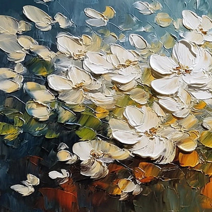 IVORY BLOOM: Textured White Floral Impasto Oil Paintinga | rectangular format, hand-painted canvas edge