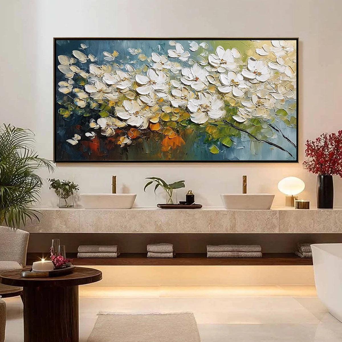 IVORY BLOOM: Textured White Floral Impasto Oil Paintinga | gold frame stretched on neutral wall