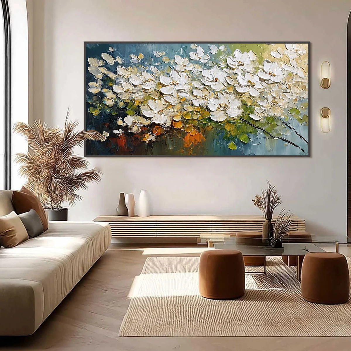IVORY BLOOM: Textured White Floral Impasto Oil Paintinga | black frame version on white wall