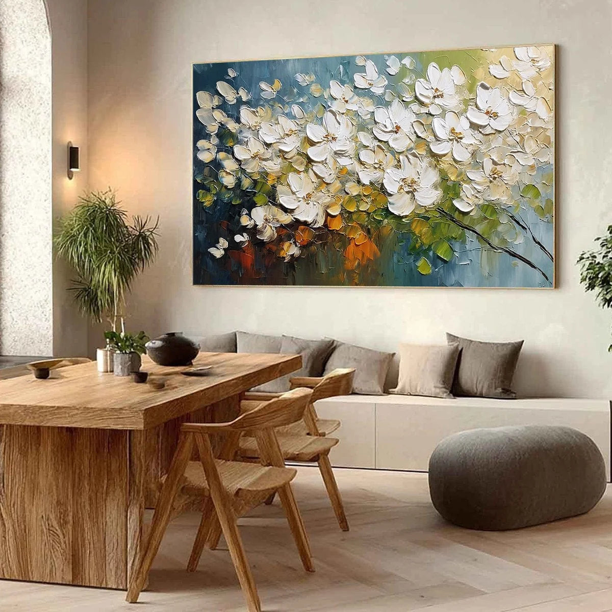 IVORY BLOOM: Textured White Floral Impasto Oil Paintinga | Abstract mood, soft natural light studio shot