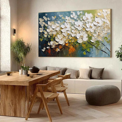 IVORY BLOOM: Textured White Floral Impasto Oil Paintinga | Abstract mood, soft natural light studio shot