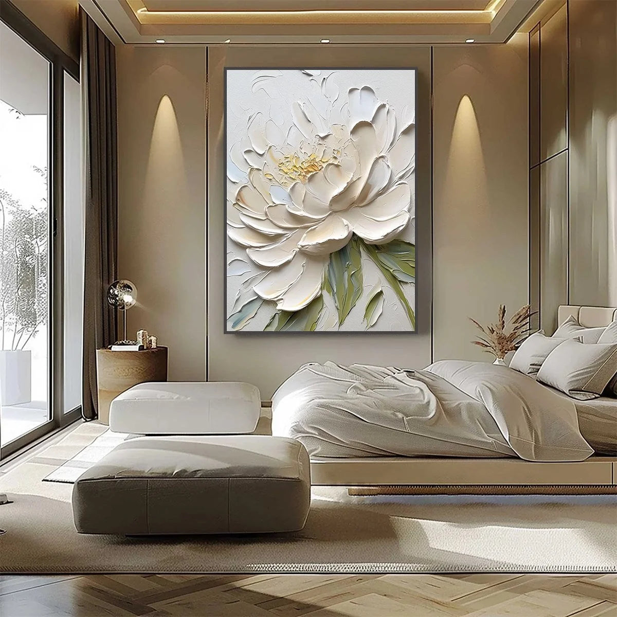 IVORY PETALS: Textured Impasto Peony Painting | gold frame stretched on neutral wall