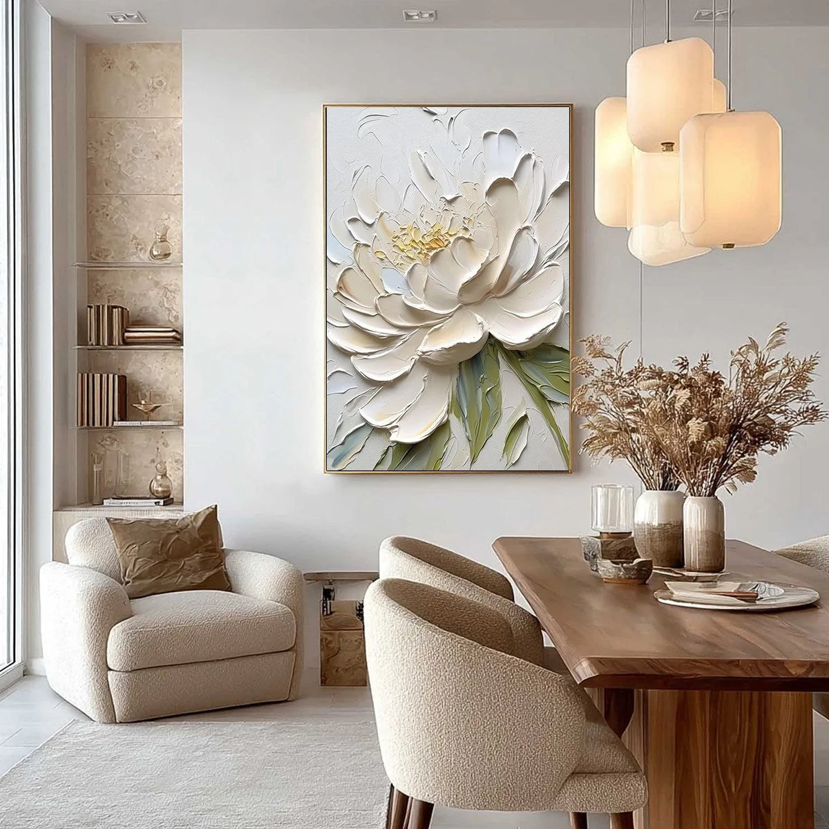 IVORY PETALS: Textured Impasto Peony Painting | black frame version on white wall