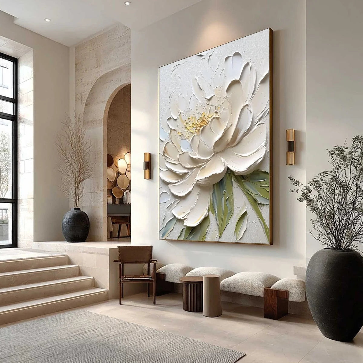 IVORY PETALS: Textured Impasto Peony Painting | Abstract mood, soft natural light studio shot
