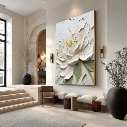 IVORY PETALS: Textured Impasto Peony Painting | Abstract mood, soft natural light studio shot