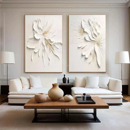 IVORY WHISPERS: Textured White Floral Impasto Painting Set | rectangular format, hand-painted canvas edge