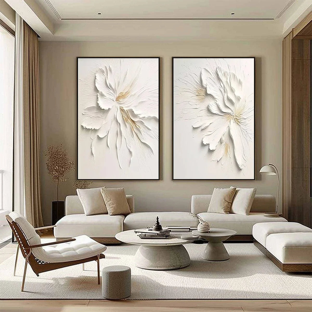 IVORY WHISPERS: Textured White Floral Impasto Painting Set | gold frame stretched on neutral wall