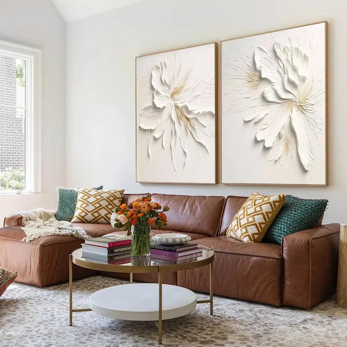 IVORY WHISPERS: Textured White Floral Impasto Painting Set | black frame version on white wall