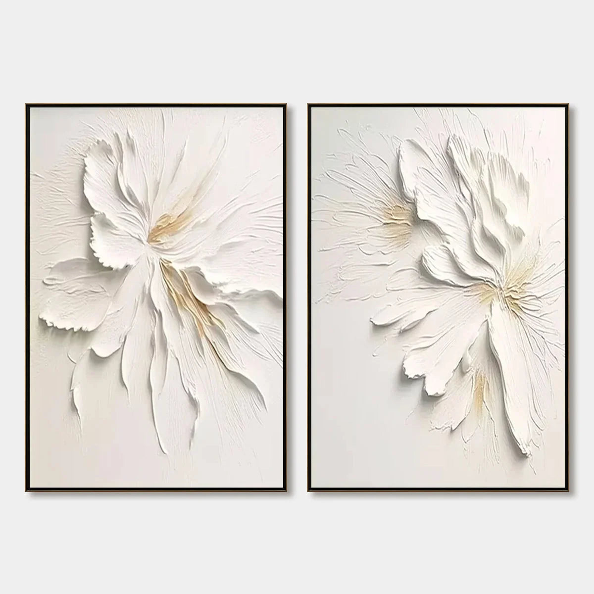 IVORY WHISPERS: Textured White Floral Impasto Painting Set | hanging in living room, Abstract wall art