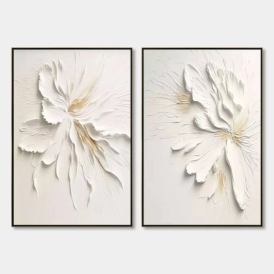 IVORY WHISPERS: Textured White Floral Impasto Painting Set | hanging in living room, Abstract wall art