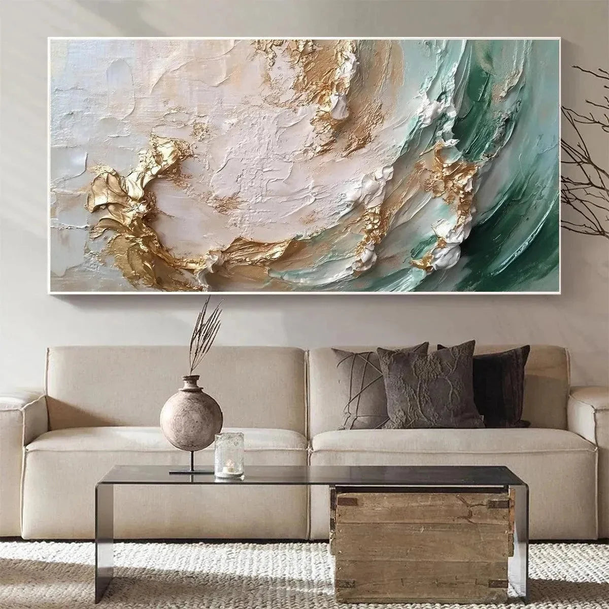 JADE AURORA: Green and Gold Abstract Impasto Oil Painting | Figurative closeup, raised brushwork detail