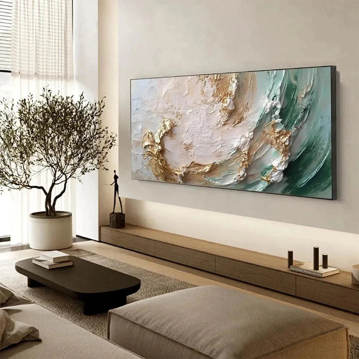 JADE AURORA: Green and Gold Abstract Impasto Oil Painting | gold frame stretched on neutral wall