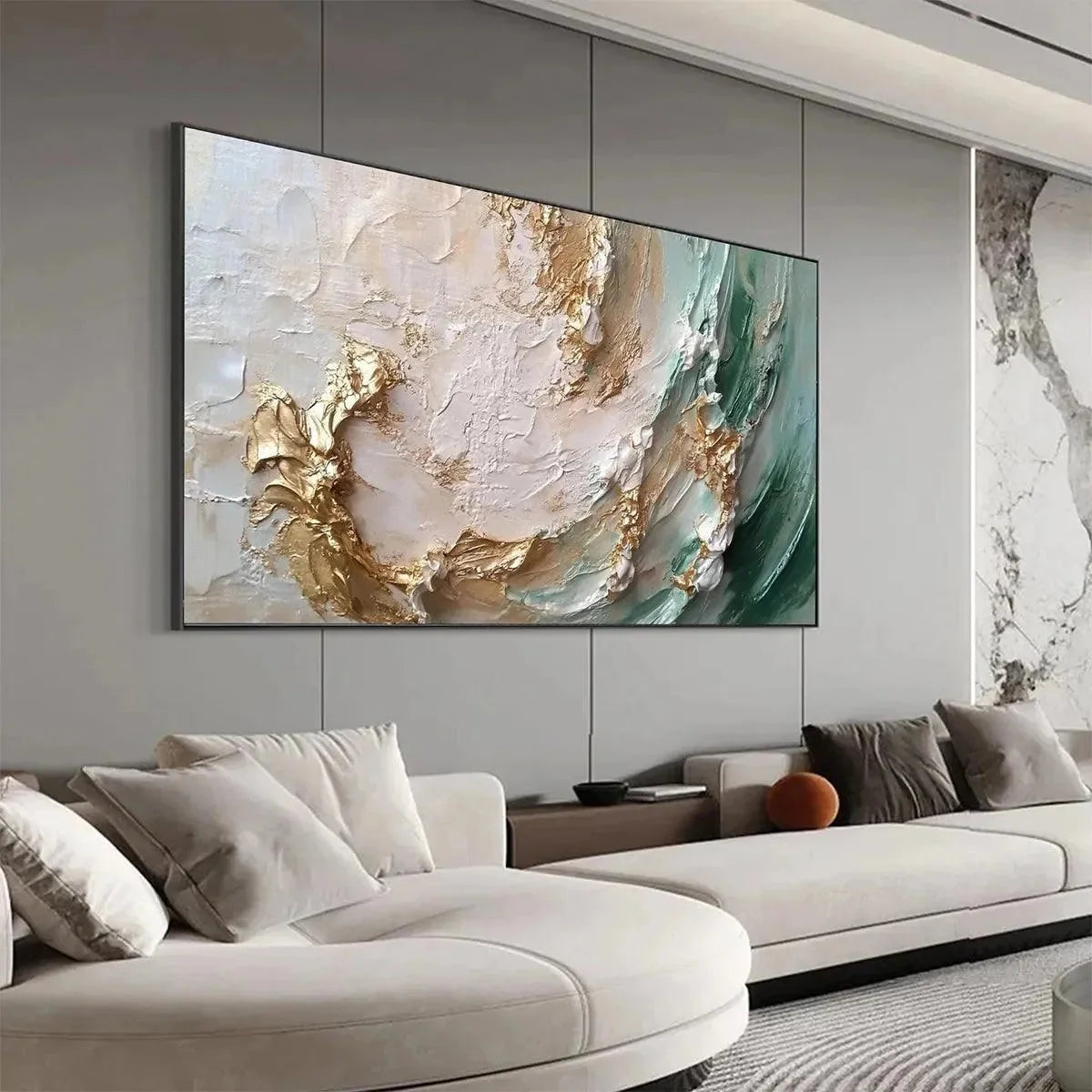 JADE AURORA: Green and Gold Abstract Impasto Oil Painting | black frame version on white wall