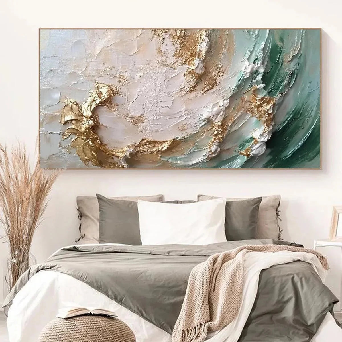 JADE AURORA: Green and Gold Abstract Impasto Oil Painting | Figurative mood, soft natural light studio shot