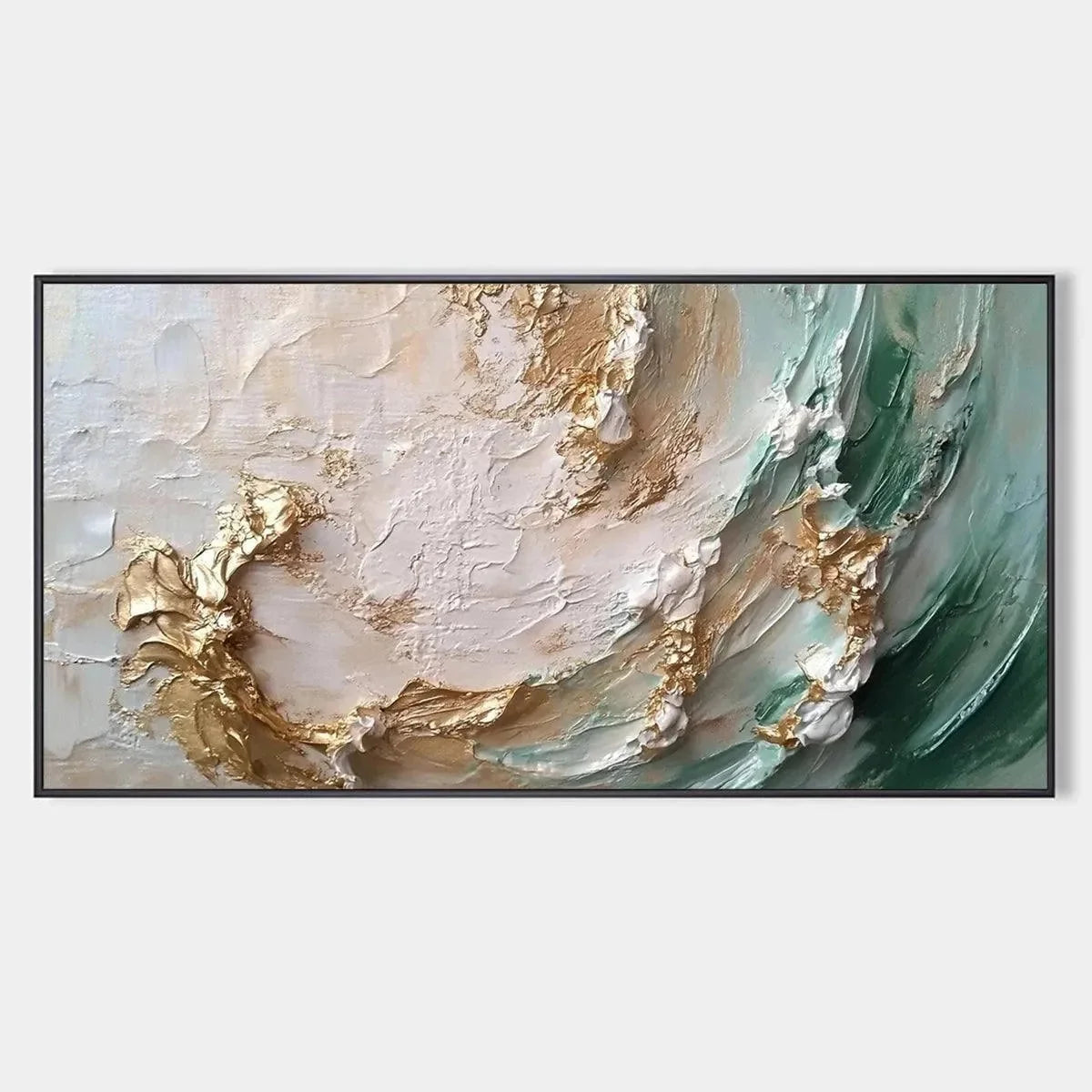 JADE AURORA: Green and Gold Abstract Impasto Oil Painting | hanging in living room, Figurative wall art