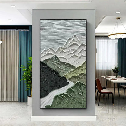 JADE PEAK: Textured Green and White Mountain Landscape Painting | Landscape closeup, raised brushwork detail