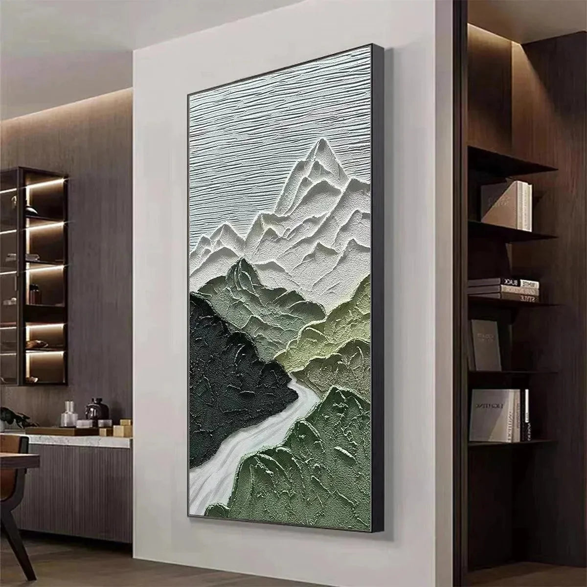JADE PEAK: Textured Green and White Mountain Landscape Painting | gold frame stretched on neutral wall