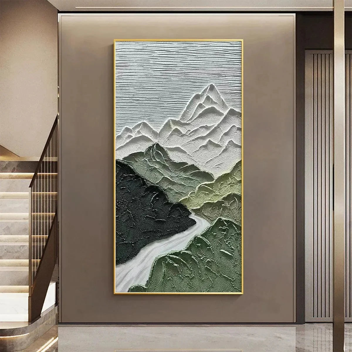 JADE PEAK: Textured Green and White Mountain Landscape Painting | black frame version on white wall