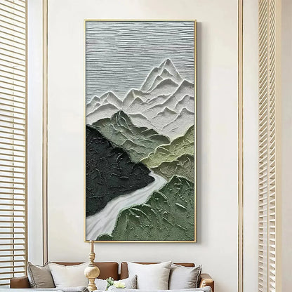 JADE PEAK: Textured Green and White Mountain Landscape Painting | Landscape mood, soft natural light studio shot