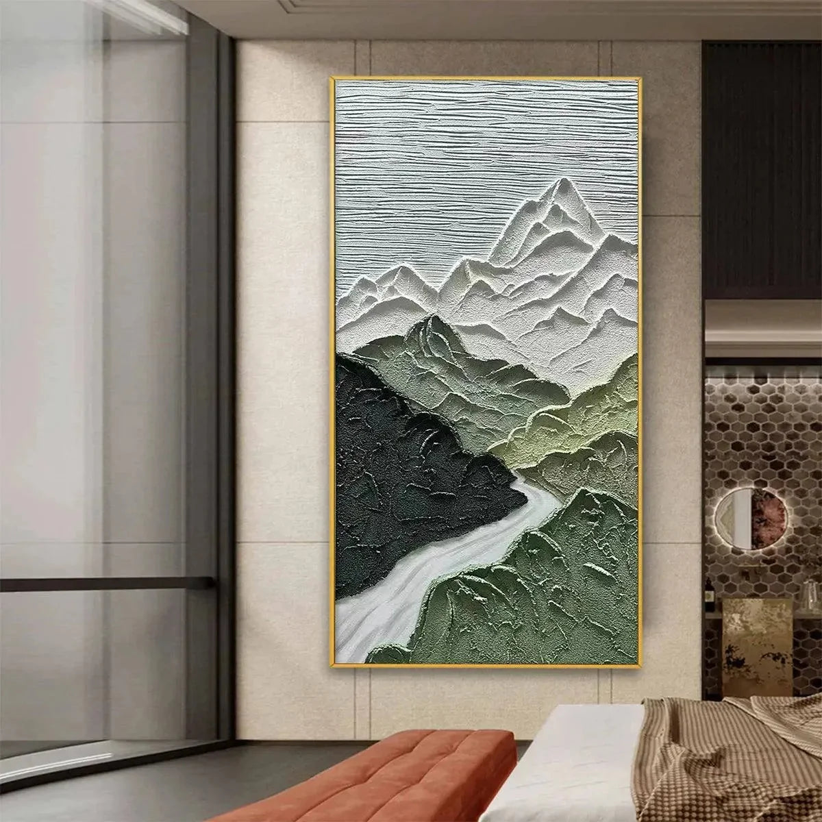 JADE PEAK: Textured Green and White Mountain Landscape Painting | green palette, original oil on stretched canvas art