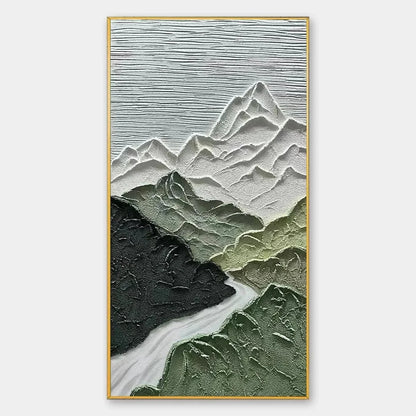 JADE PEAK: Textured Green and White Mountain Landscape Painting | hanging in living room, Landscape wall art