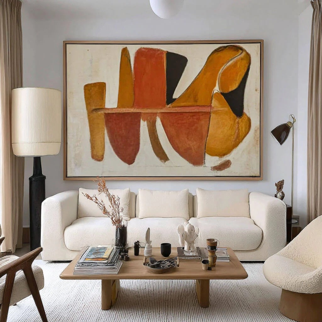 Japandi Style Wall Art Minimalist Abstract Painting styled in a refined neutral room setting to show wall scale, calm proportion, and interior decor mood.