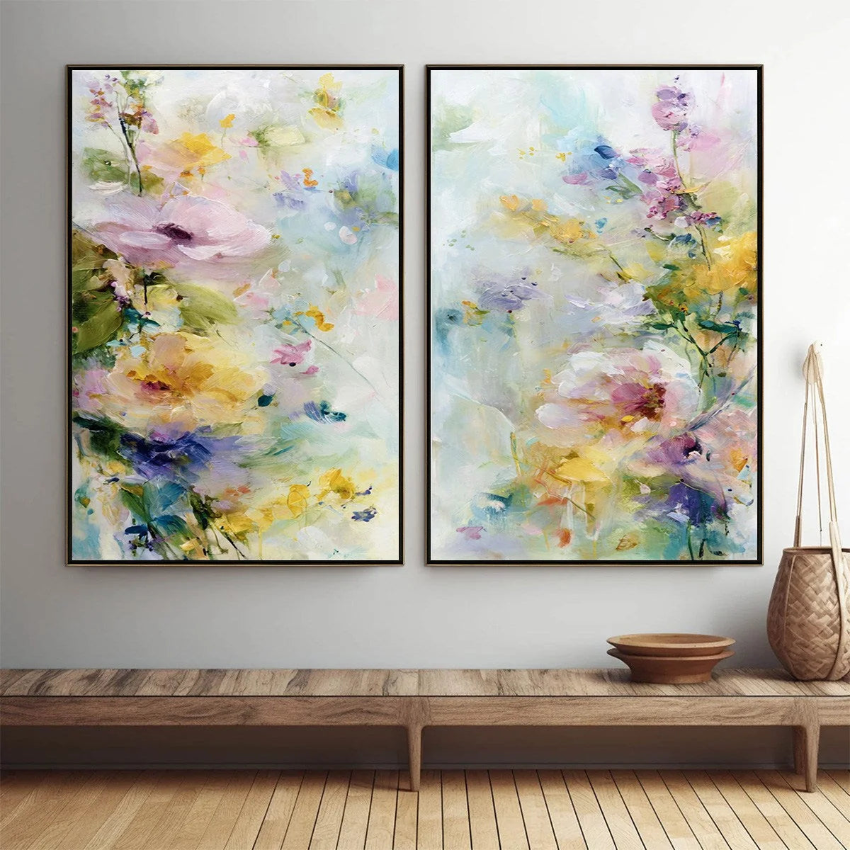 JARDIN SECRET: Impressionistic Abstract Floral Painting Set of 2 | Impressionist closeup, raised brushwork detail