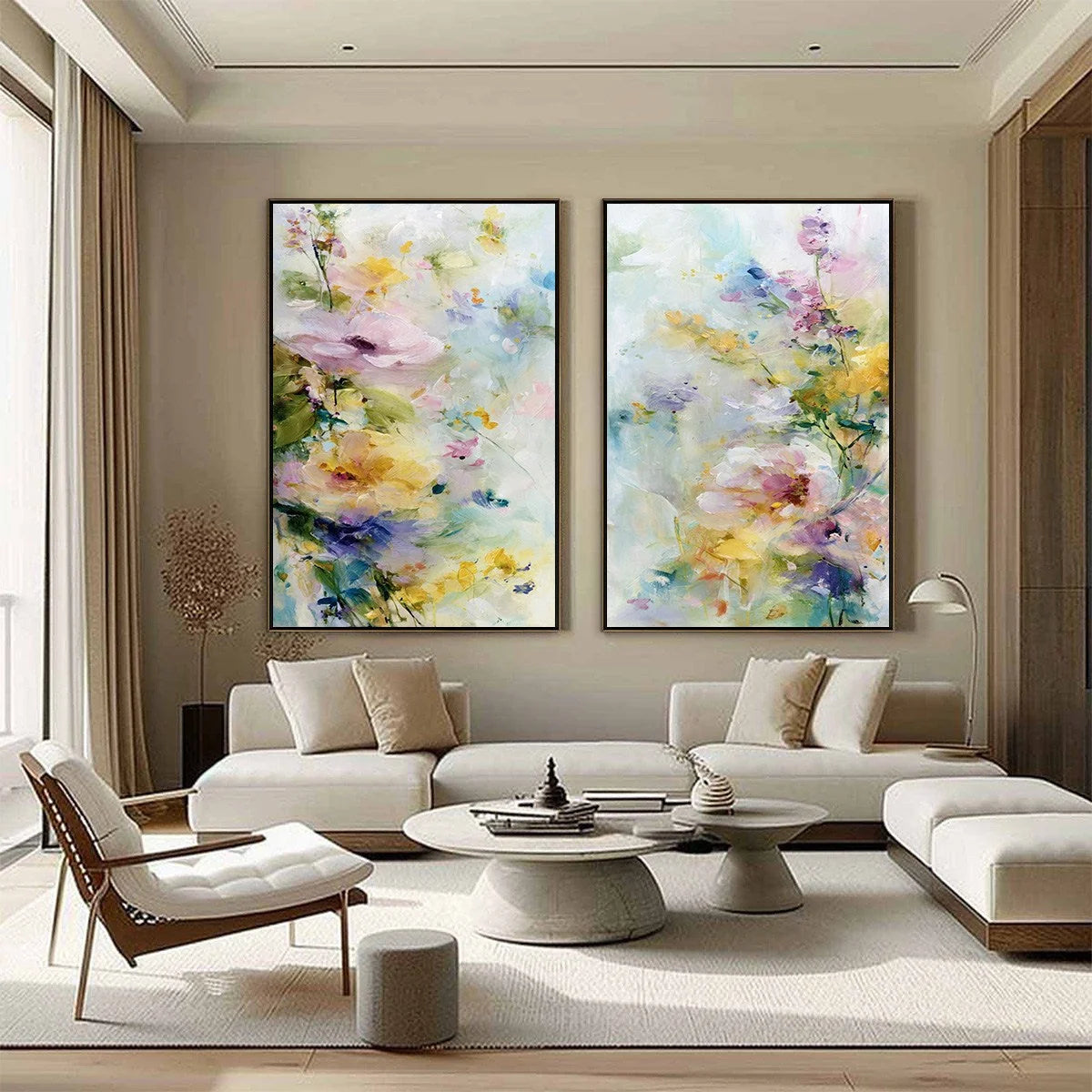 JARDIN SECRET: Impressionistic Abstract Floral Painting Set of 2 | gold frame stretched on neutral wall